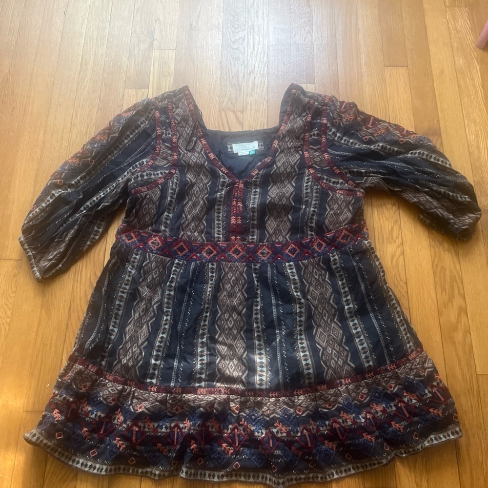 Anthropologie XL Navy Tunic Dress with Red & Cream Aztec Print